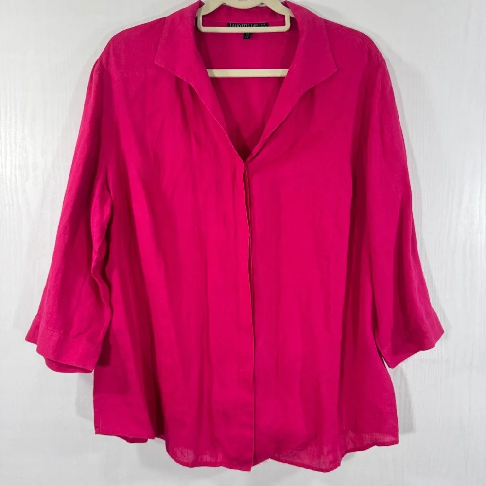 Lafayette 148 New York Linen‎ Button Up Shirt 3/4 Sleeve Pink Blouse Top - Picture 10 of 11